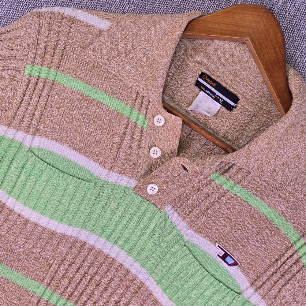 Diesel Polo Sweater Shirt Mens XL Brown Green Striped Ribbed Knit Retro Y2K Logo